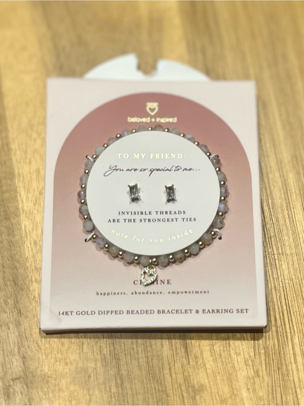 14KT Gold Dipped Pink Beaded Bracelet & Earring Set - "To My Friend"